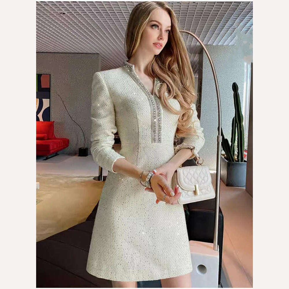 KIMLUD, ZJYT Luxury Beading Sequined White Tweed Woolen Dress Women Autumn Winter Fashion Clothing Long Sleeve Party Office Vestidos, KIMLUD Womens Clothes