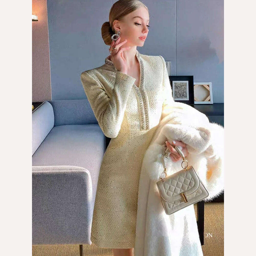 KIMLUD, ZJYT Luxury Beading Sequined White Tweed Woolen Dress Women Autumn Winter Fashion Clothing Long Sleeve Party Office Vestidos, KIMLUD Womens Clothes