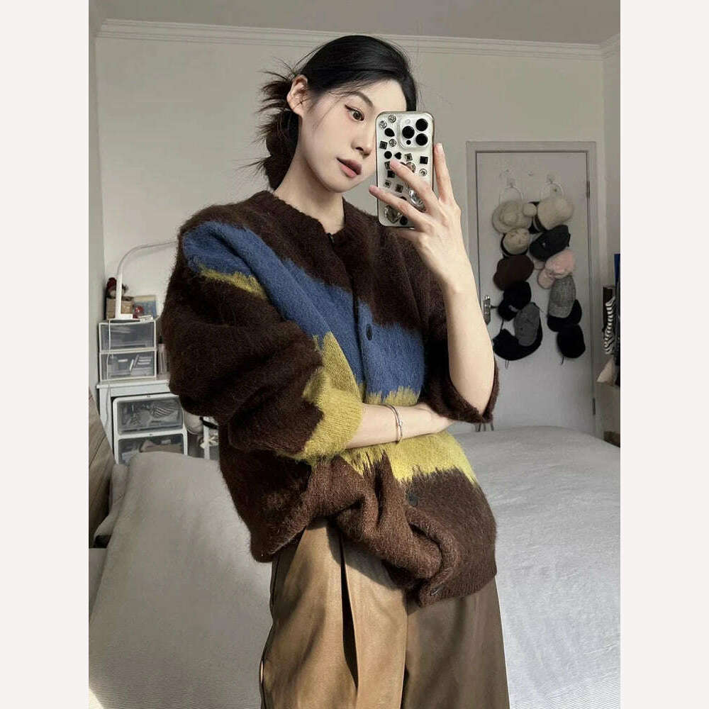 KIMLUD, Zoki Vintage Japan Patchwork Cardigan Women Fall Winter Lazy Wind Knitted Sweater Coat Harajuku Retro Casual Oversize Loose Tops, KIMLUD Womens Clothes