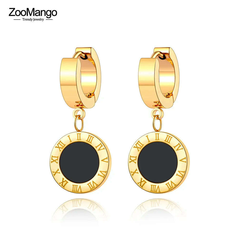 ZooMango Black Shell Roman Numerals Circle Hoop Earrings Titanium Steel Rose Gold Color Wedding Earrings For Women ZE18114 - KIMLUD