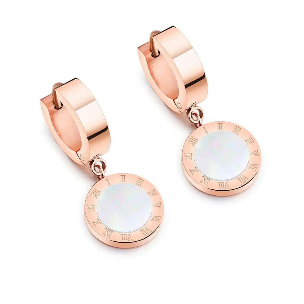 ZooMango Black Shell Roman Numerals Circle Hoop Earrings Titanium Steel Rose Gold Color Wedding Earrings For Women ZE18114 - KIMLUD
