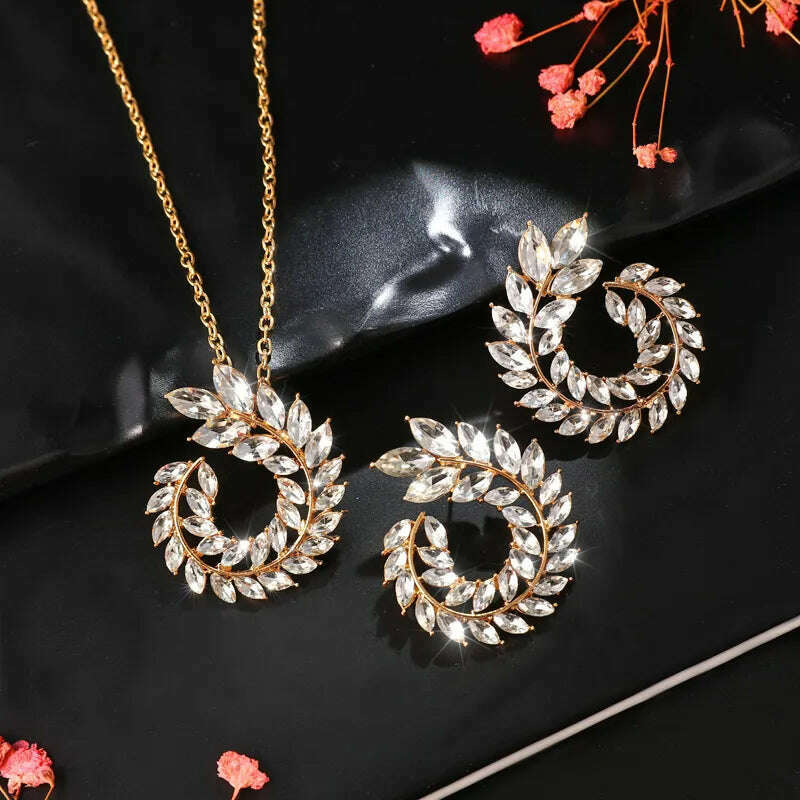 KIMLUD, ZOSHI Fashion Women Jewelry Set New Design Luxury Zircon Olive Branch Earrings and Pendant Necklace Sets Wedding Jewelry Set, KIMLUD Womens Clothes