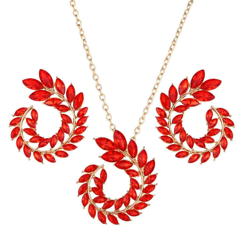 KIMLUD, ZOSHI Fashion Women Jewelry Set New Design Luxury Zircon Olive Branch Earrings and Pendant Necklace Sets Wedding Jewelry Set, F1446 red, KIMLUD APPAREL - Womens Clothes