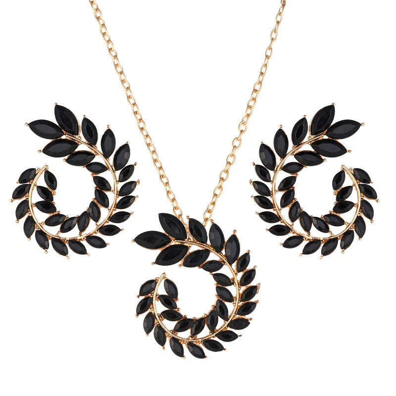 KIMLUD, ZOSHI Fashion Women Jewelry Set New Design Luxury Zircon Olive Branch Earrings and Pendant Necklace Sets Wedding Jewelry Set, F1447 black, KIMLUD APPAREL - Womens Clothes