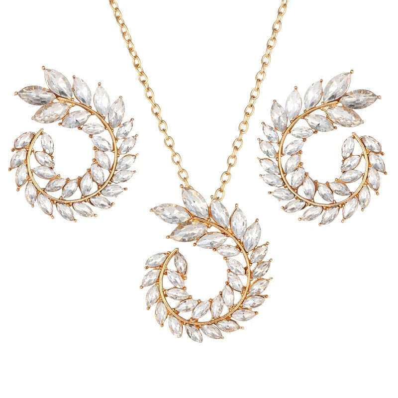 KIMLUD, ZOSHI Fashion Women Jewelry Set New Design Luxury Zircon Olive Branch Earrings and Pendant Necklace Sets Wedding Jewelry Set, F1449 white, KIMLUD APPAREL - Womens Clothes