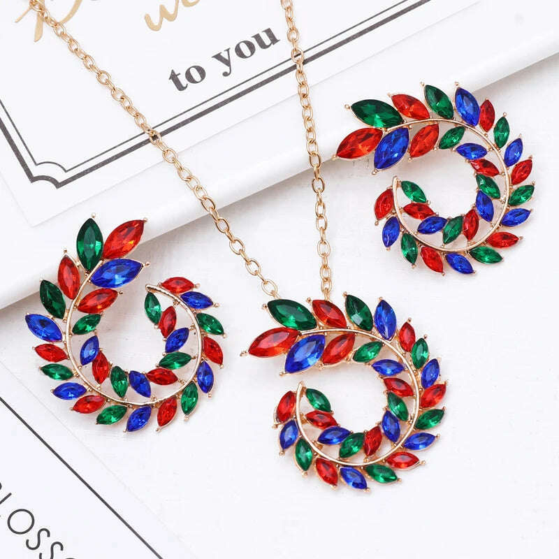 KIMLUD, ZOSHI Fashion Women Jewelry Set New Design Luxury Zircon Olive Branch Earrings and Pendant Necklace Sets Wedding Jewelry Set, F1450 multicolor, KIMLUD APPAREL - Womens Clothes
