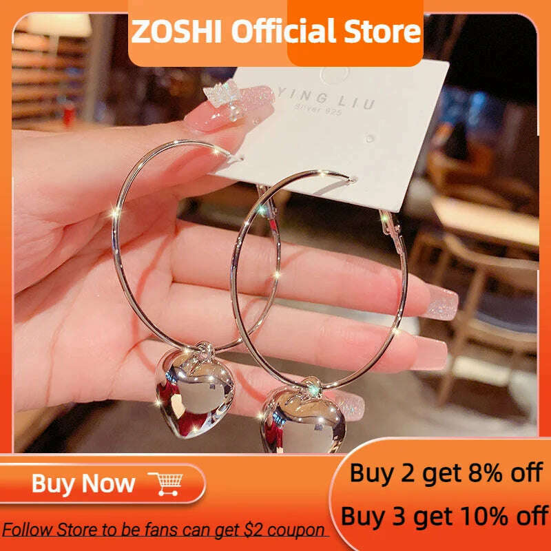KIMLUD, ZOSHI Personality Big Circle Heart Pendant Earrings for Women Fashion Korean Earrings Girls Jewelry New Design Simple Earrings, KIMLUD Womens Clothes