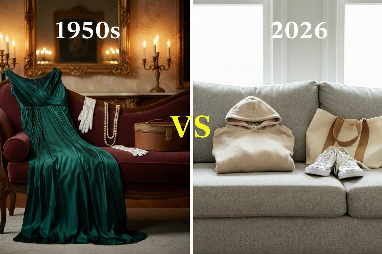 1950s formal fashion elegance with jewel tones and structured gowns versus 2026 relaxed neutral comfort style — how fashion aesthetics and colors have evolved over the decades