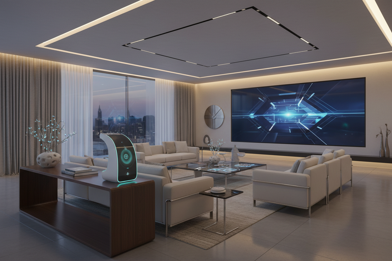 2026 Smart Home AI — premium futuristic living room with holographic AI assistant