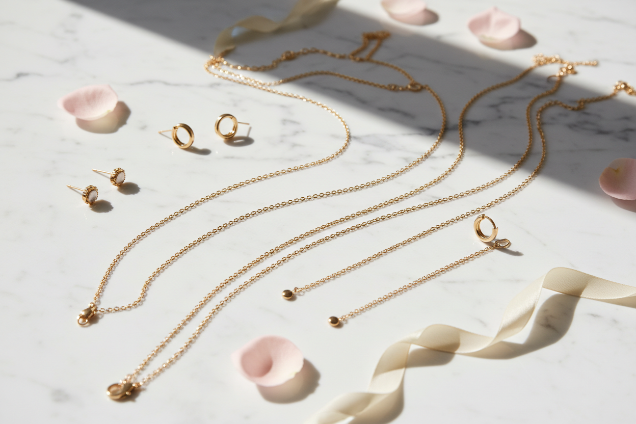 Gold women's jewelry flatlay — necklaces, earrings and bracelets on white marble | KIMLUD