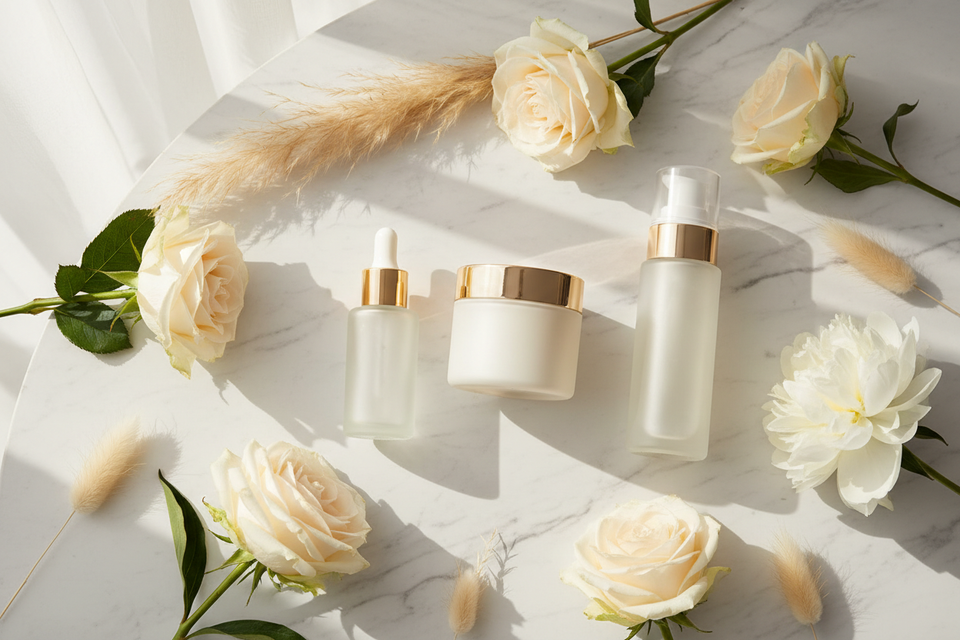 Skincare routine products flatlay on white marble — KIMLUD Beauty