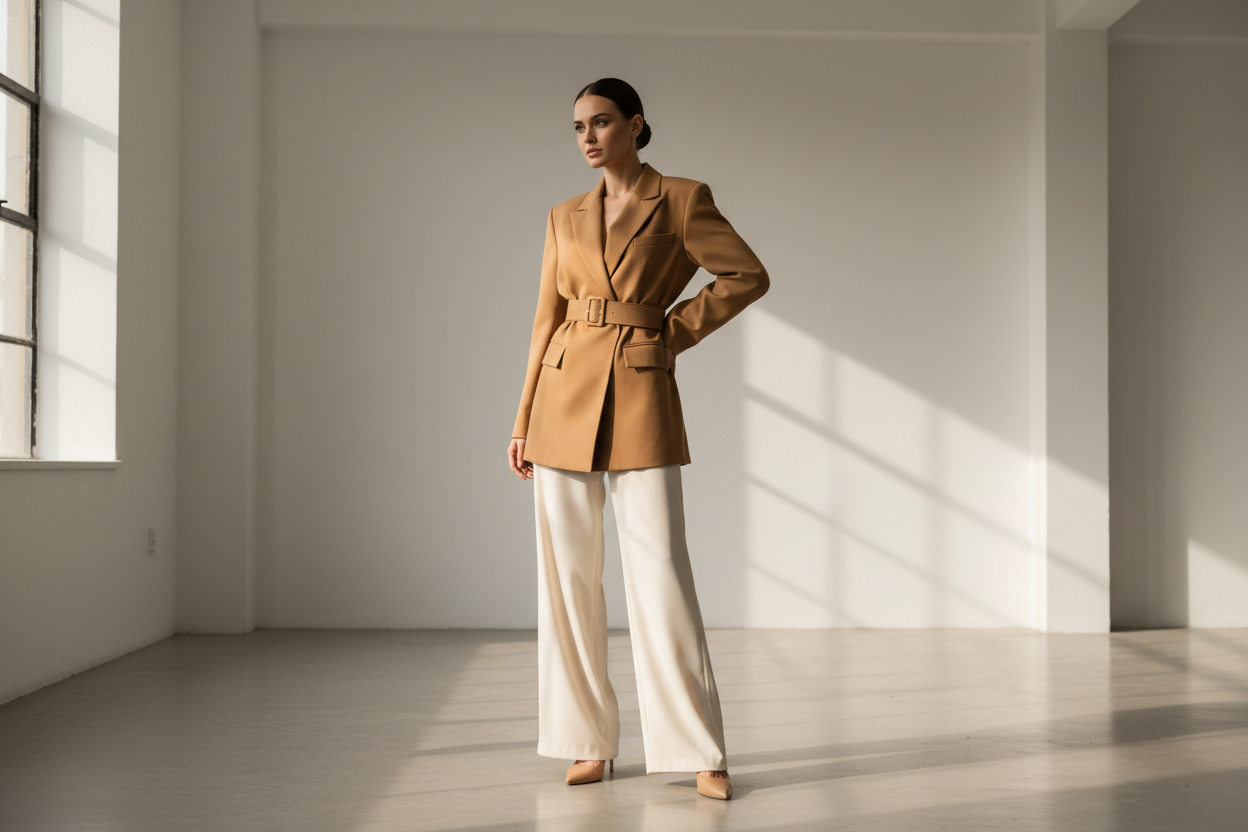 Elegant woman in oversized camel blazer — luxury fashion editorial | KIMLUD