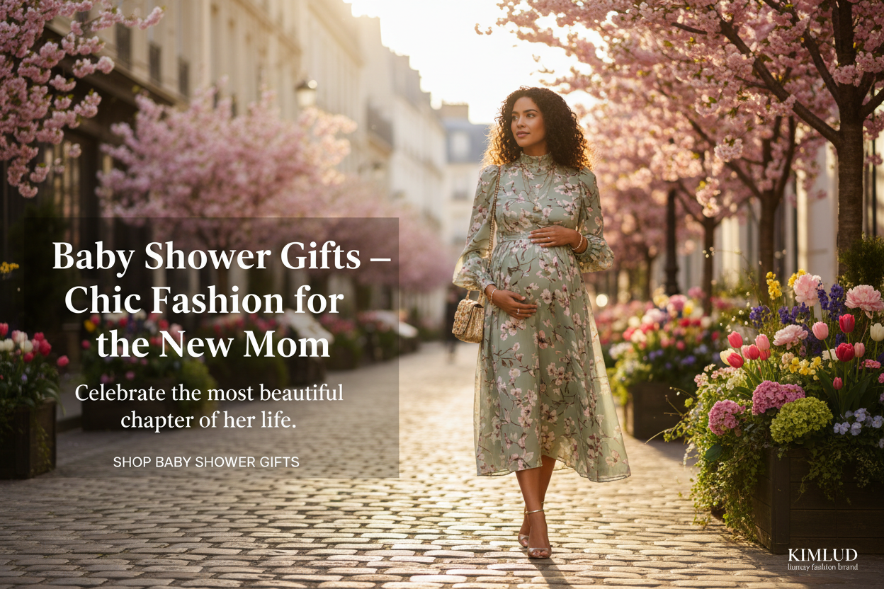 Baby shower fashion gifts for the new mom — elegant woman in sage green floral midi dress on Paris street | KIMLUD