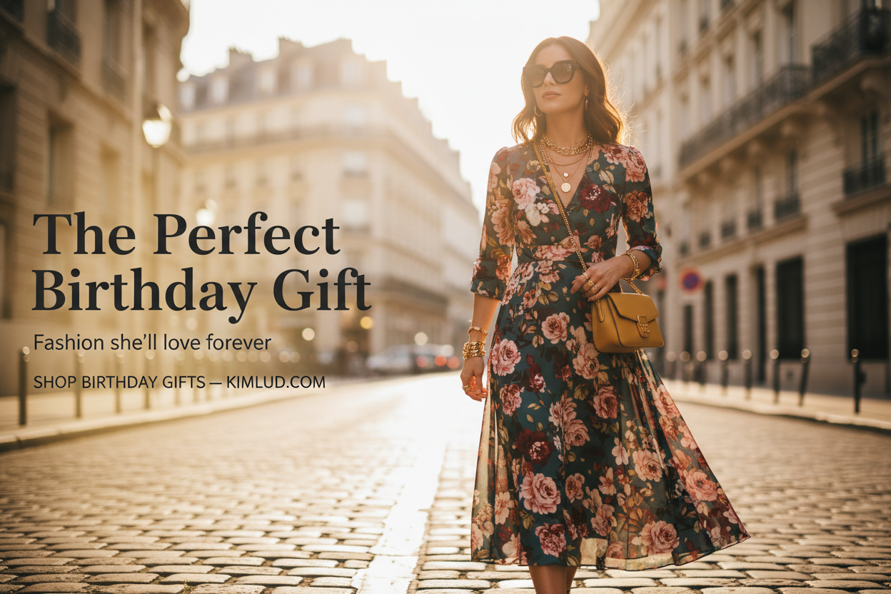 The perfect birthday gift for her — elegant woman in floral dress on European street | KIMLUD