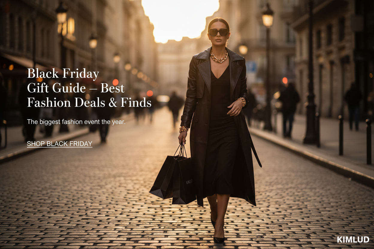 Black Friday fashion gift guide — confident woman in black dress and gold jewelry on city street | KIMLUD File name: