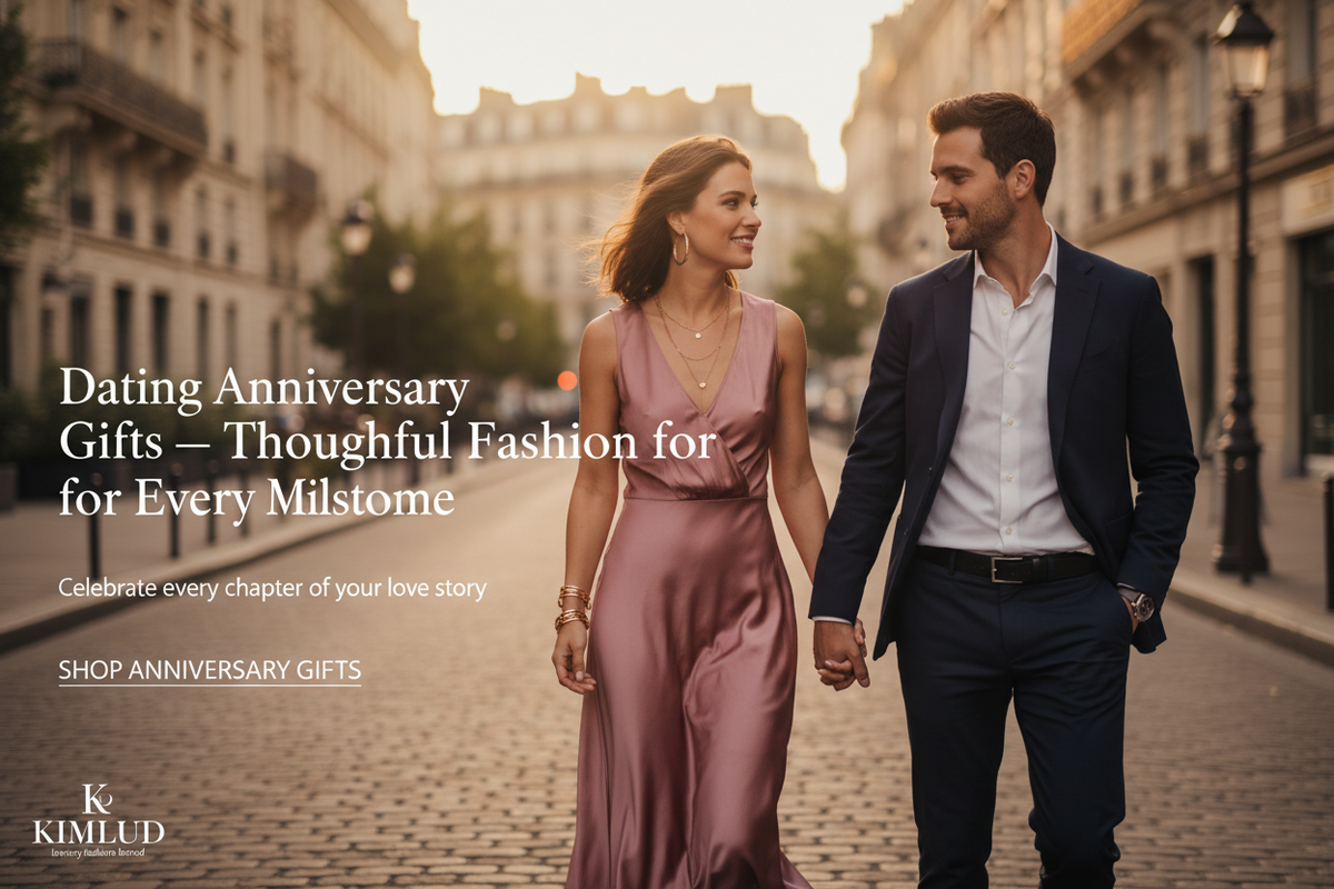 Dating anniversary fashion gifts — elegant couple in dusty rose dress and navy blazer on Paris street at golden hour | KIMLUD
