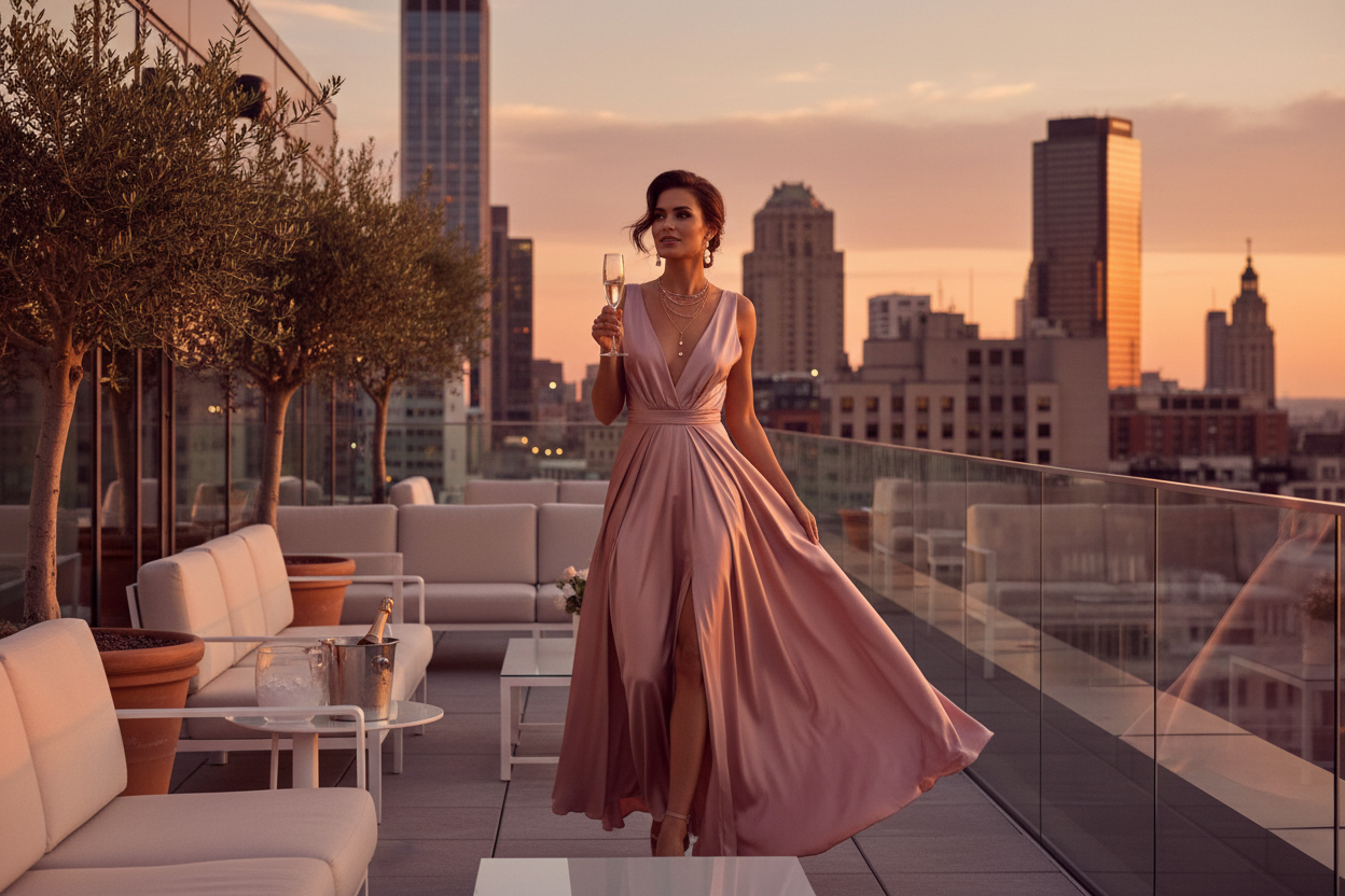 Elegant woman in flowing dusty rose satin maxi dress on a luxury rooftop terrace at golden hour