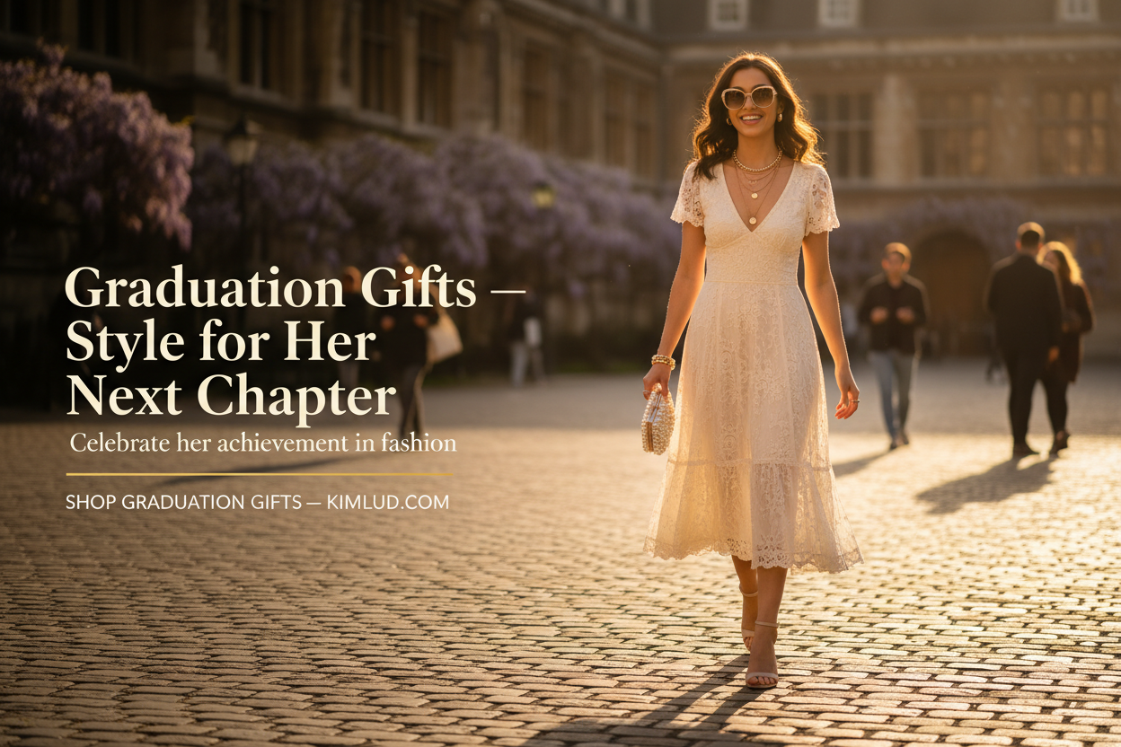Graduation fashion gifts for her — elegant woman in white midi dress celebrating her achievement | KIMLUD