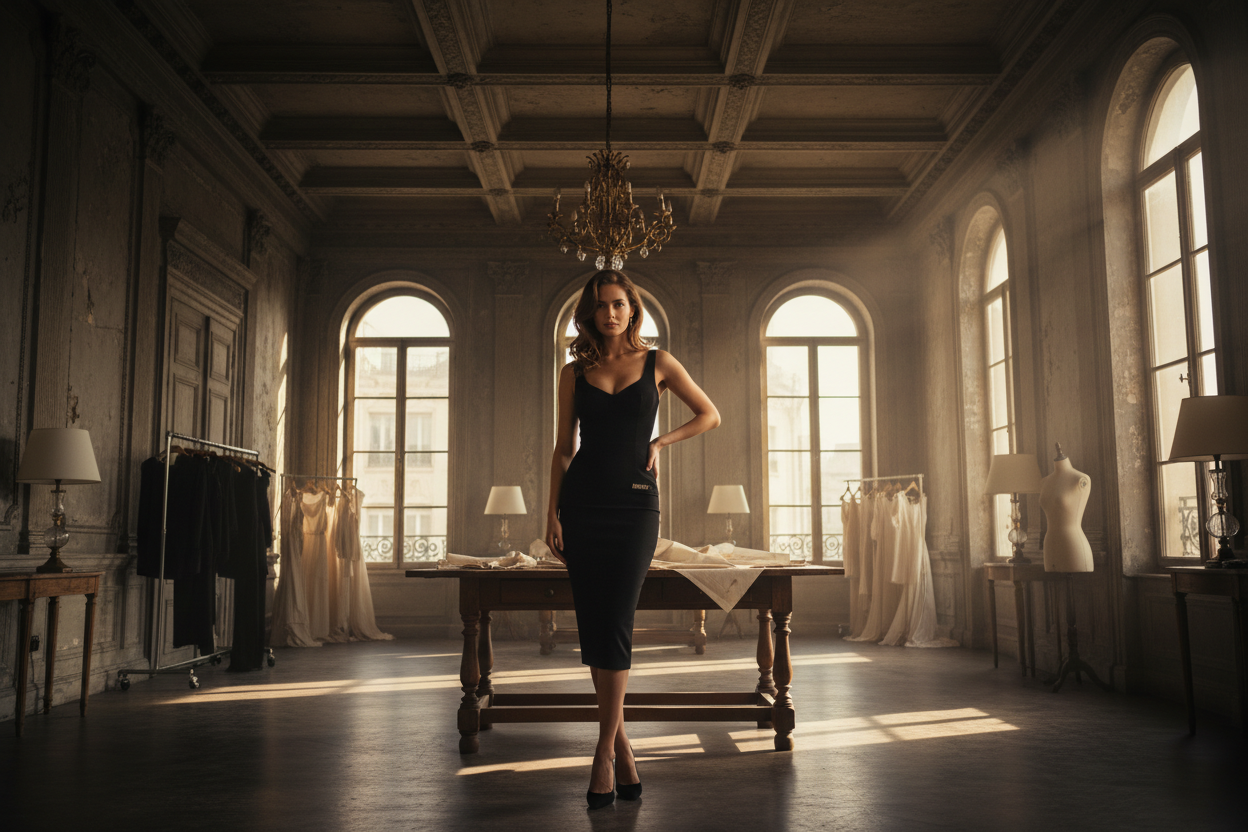 Elegant woman in KIMLUD black bodycon midi dress — dress with intention, the KIMLUD philosophy of fashion and self-expression | KIMLUD