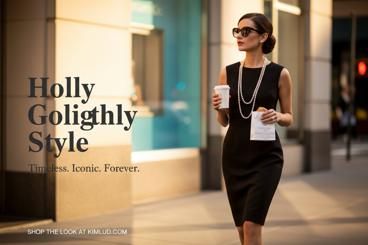 Elegant woman in little black dress with pearl necklace and sunglasses on Fifth Avenue New York — Holly Golightly style | KIMLUD