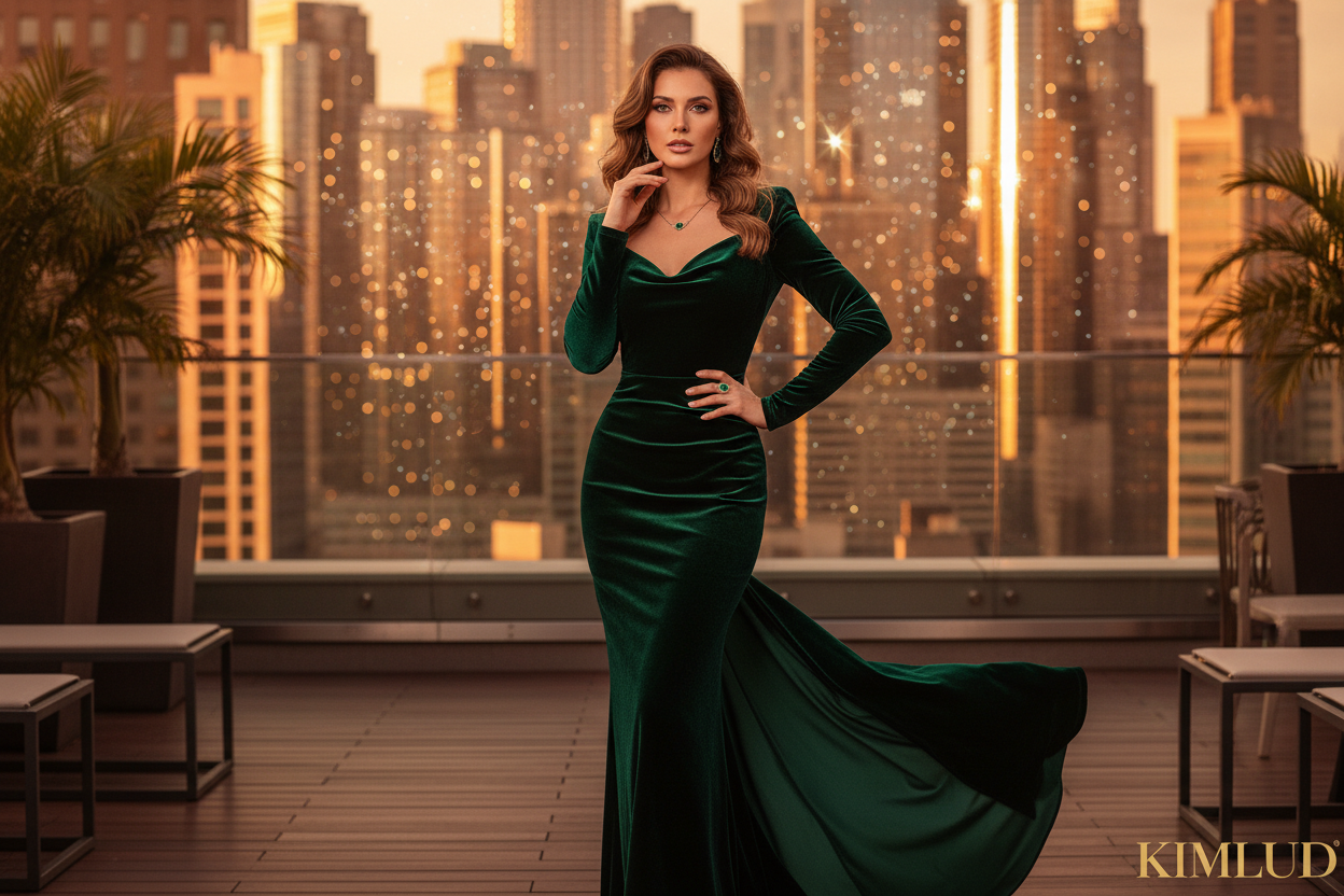 KIMLUD 2026 — emerald green velvet bodycon dress hero, rooftop golden hour city skyline