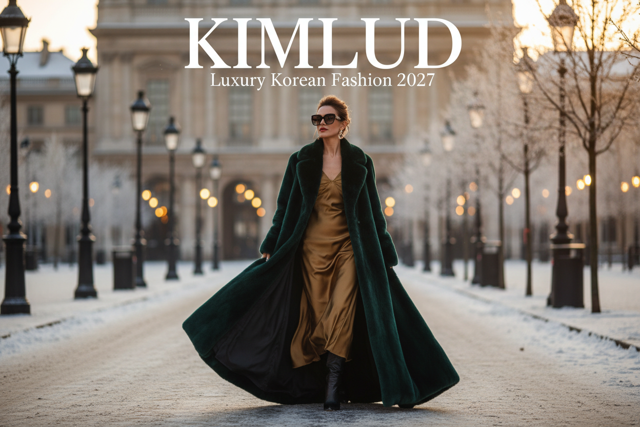 KIMLUD woman in emerald faux fur coat on grand European avenue at golden hour — Luxury Korean Fashion 2027