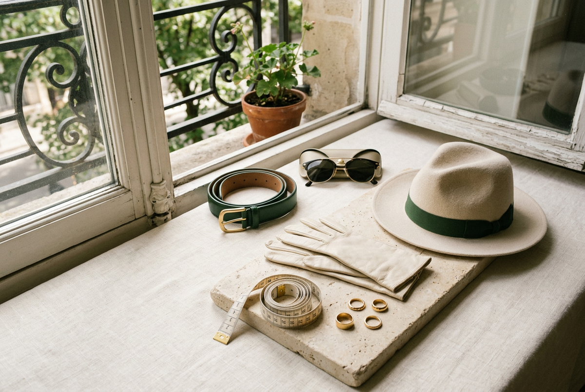 A cream hat, gloves, sunglasses, green belt, rings and measuring tape arranged by a sunlit window.