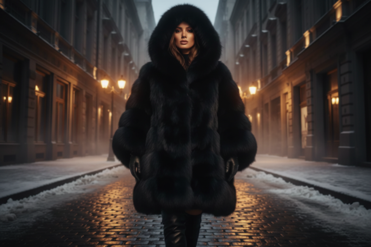 KIMLUD black oversized hooded fur coat — luxury women's winter fashion editorial 2026, cobblestone European street at night