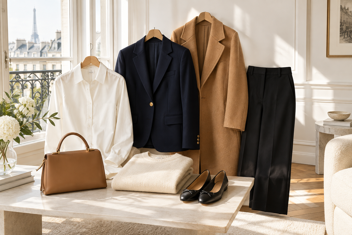 Ivory shirt, navy blazer, camel coat, black trousers, cream knit and accessories in a bright Paris apartment