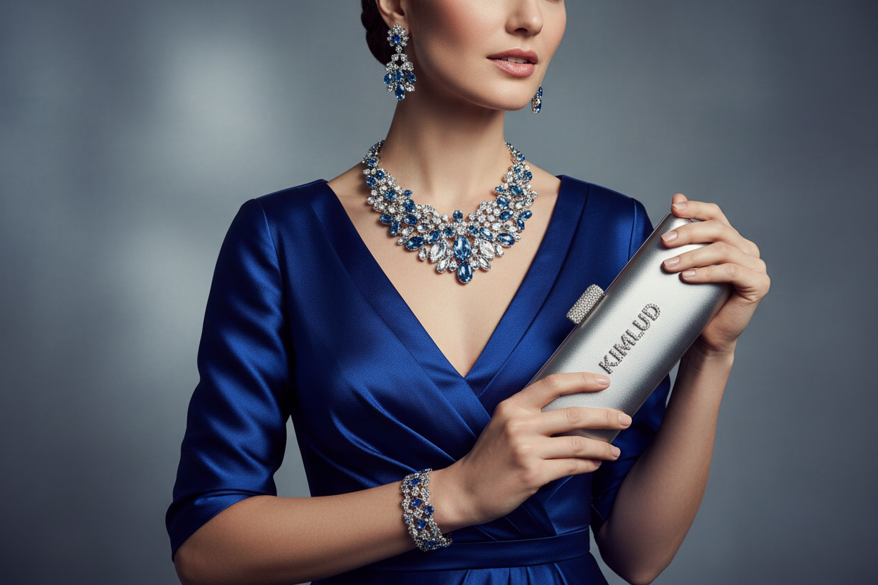 evening wear accessories — elegant woman in sapphire blue satin gown with statement jewelry and clutch bag