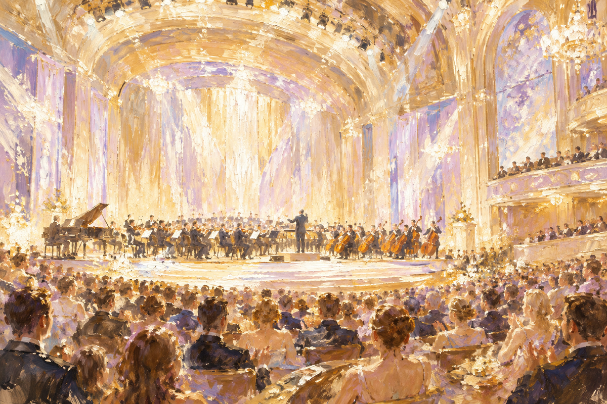 Impressionist illustration of a luminous music awards stage in champagne and lavender tones