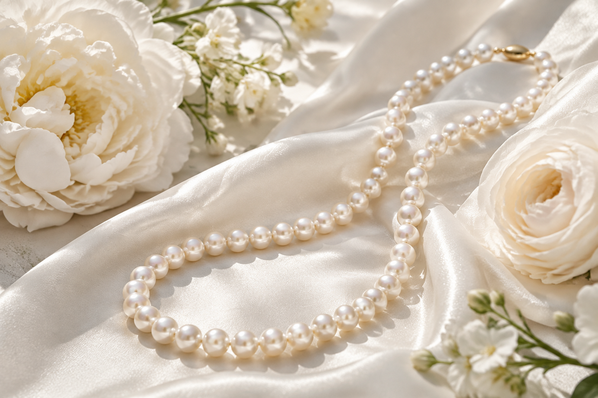 Pearl necklace arranged on ivory fabric with cream flowers