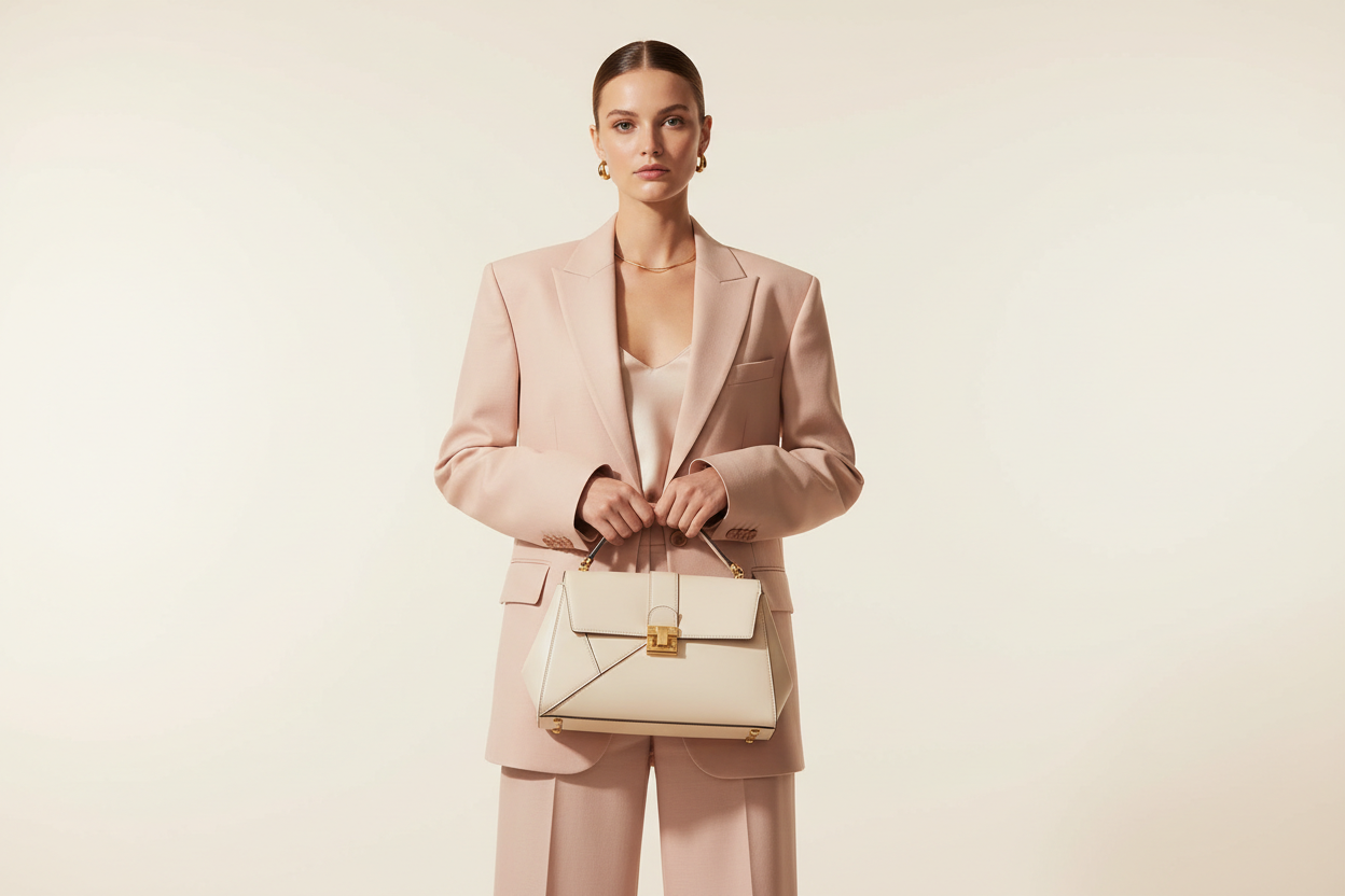 KIMLUD luxury editorial — woman with structured leather handbag, ivory background, Milan Paris editorial style 2026