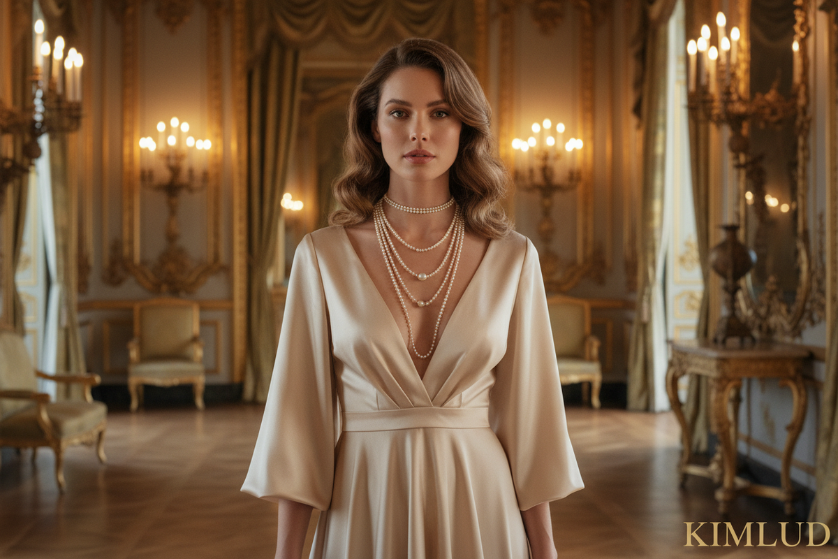 KIMLUD luxury editorial — elegant woman wearing 3 layered pearl necklaces on décolletage, champagne silk gown, Parisian luxury ballroom with candlelight, fine jewelry hero banner 2026