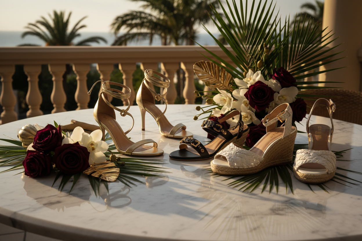 Luxury summer sandals styled on marble surface with golden light — KIMLUD Summer Collection
