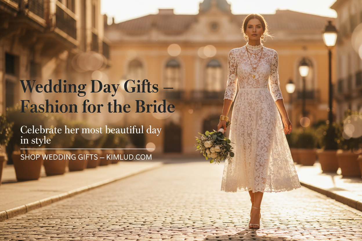 Wedding day fashion gifts for the bride — elegant woman in white lace dress with gold jewelry | KIMLUD