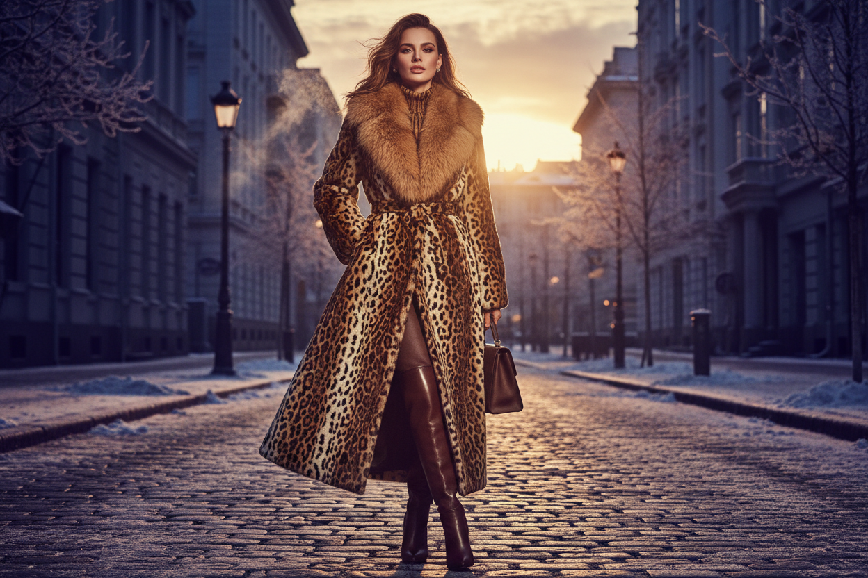 KIMLUD woman in leopard print faux fur coat with fox fur collar in warm caramel, frost-covered city street, luxury editorial fashion 2026