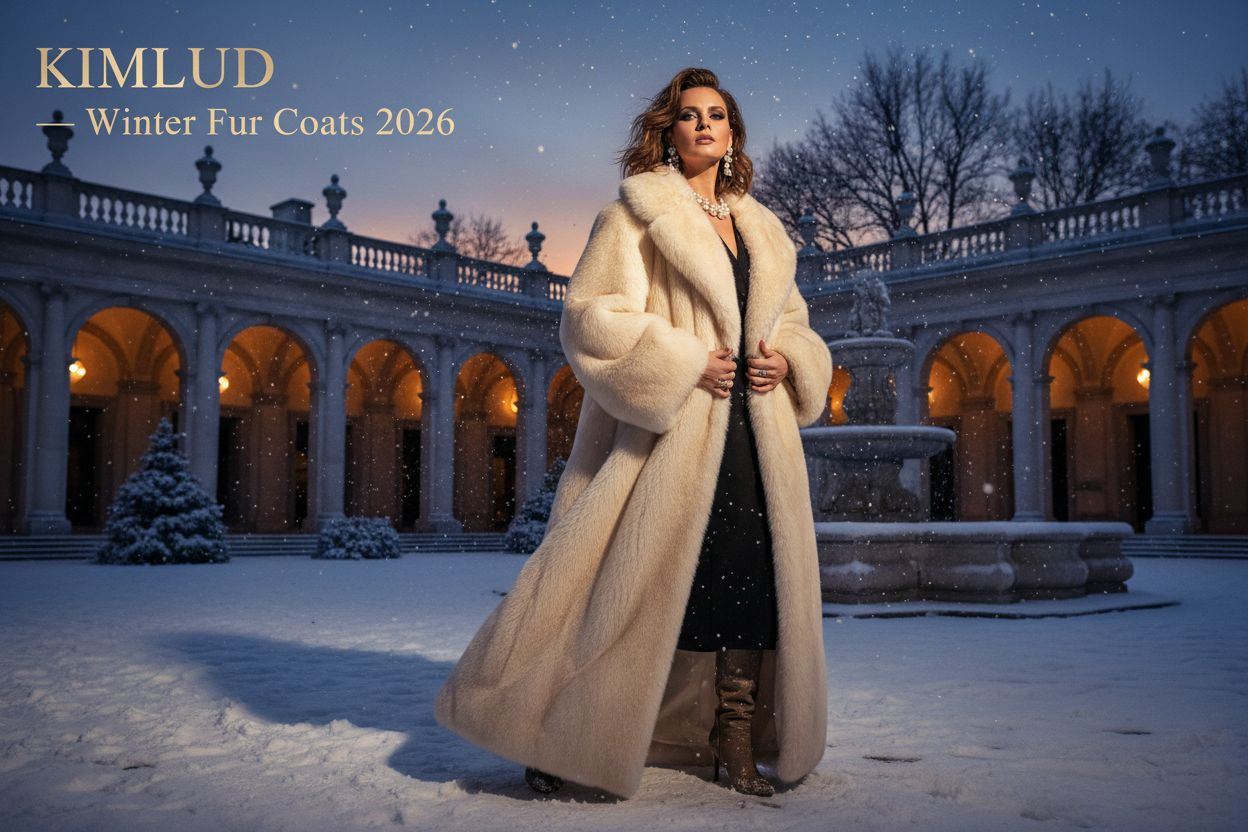 KIMLUD sophisticated woman in long ivory faux fur coat in snow-covered European courtyard at dusk — winter fur coats 2026