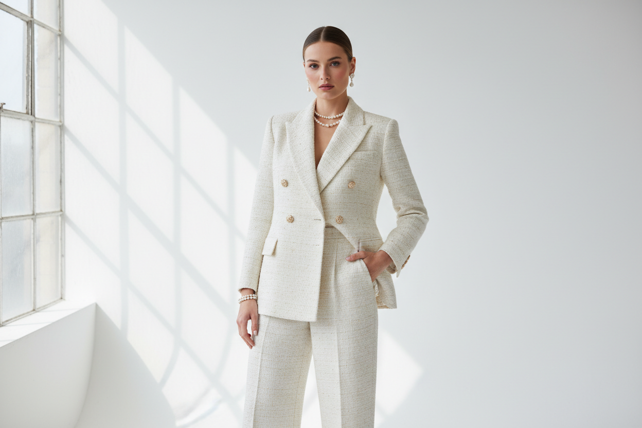 KIMLUD women's fashion 2026 — refined ivory tweed co-ord matching set, old money aesthetic with pearl jewelry, luxury fashion editorial