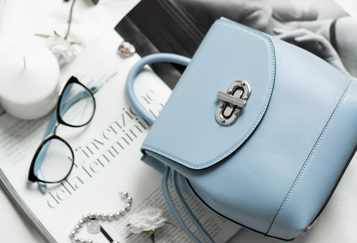 blue leather backpack