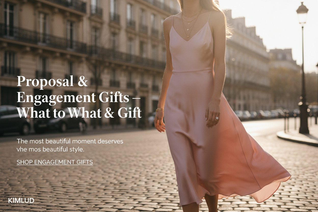 Proposal and engagement fashion gifts — elegant woman in blush silk dress on Paris street at golden hour | KIMLUD