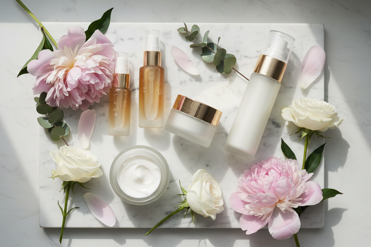 Elegant skincare routine flatlay with serums, moisturizer and cleanser on a marble surface — KIMLUD beauty guide 2026