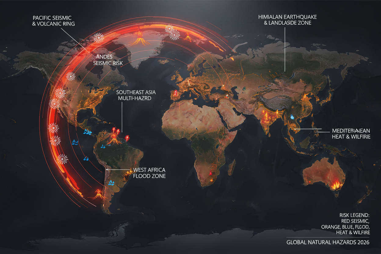 Global risk map of the most dangerous natural hazard regions in 2026 — showing earthquake zones along the Pacific Ring of Fire, volcanic activity, flood risk in West Africa and Southeast Asia, and heatwave zones across Europe and the Mediterranean