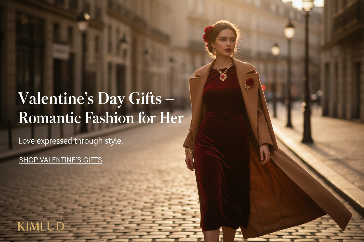 Valentine's Day fashion gifts for her — elegant woman in deep red dress on Paris street at golden hour | KIMLUD