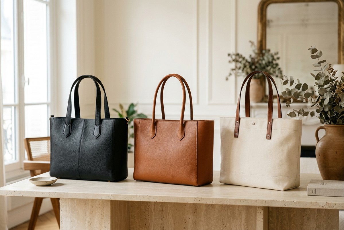 Black, cognac and ivory tote bags on a sunlit stone console.
