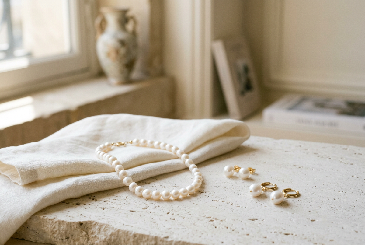 White pearl necklace and earrings on pale limestone and ivory linen in soft window light.