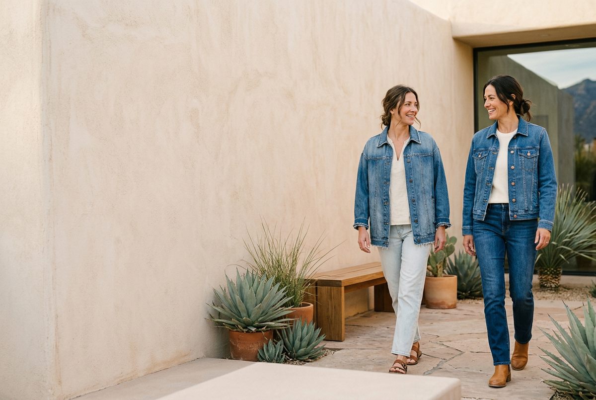 Two women wearing blue denim jackets with light and dark trousers outside a sunlit stone building.