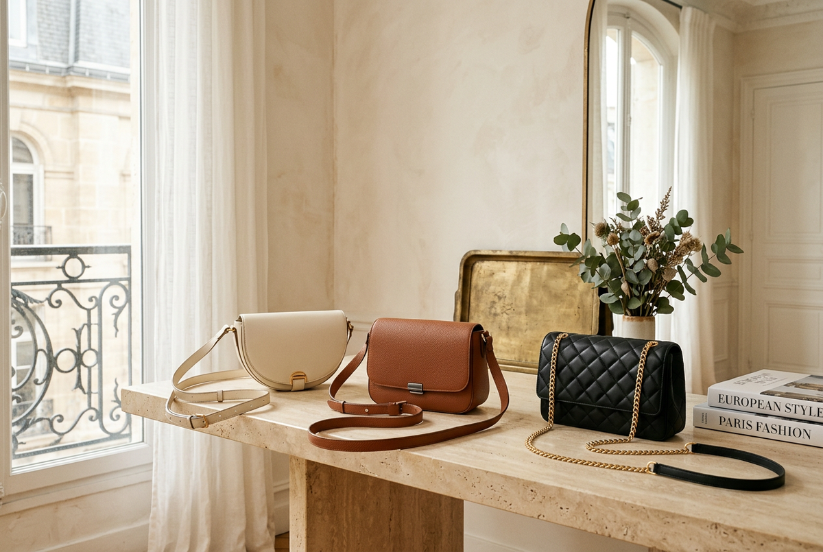 Ivory, cognac and black quilted crossbody bags with long straps on a sunlit stone console.