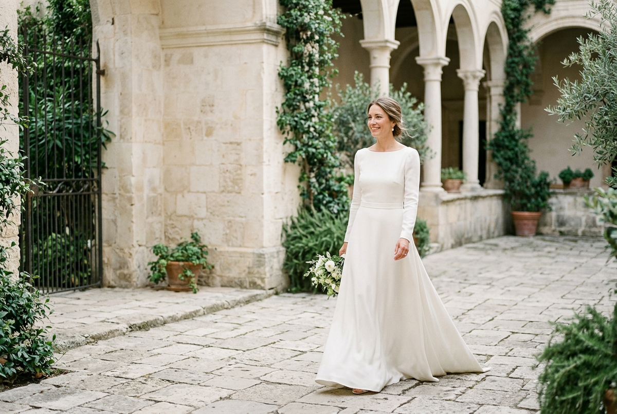 Bride in a long-sleeved ivory gown holding white flowers in a sunlit stone courtyard.