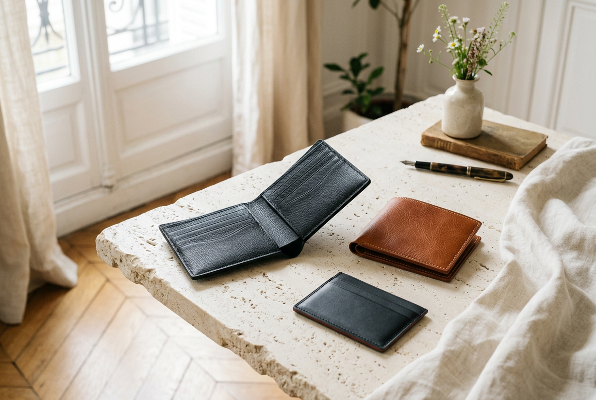 Black and cognac wallets with a slim card case on pale stone